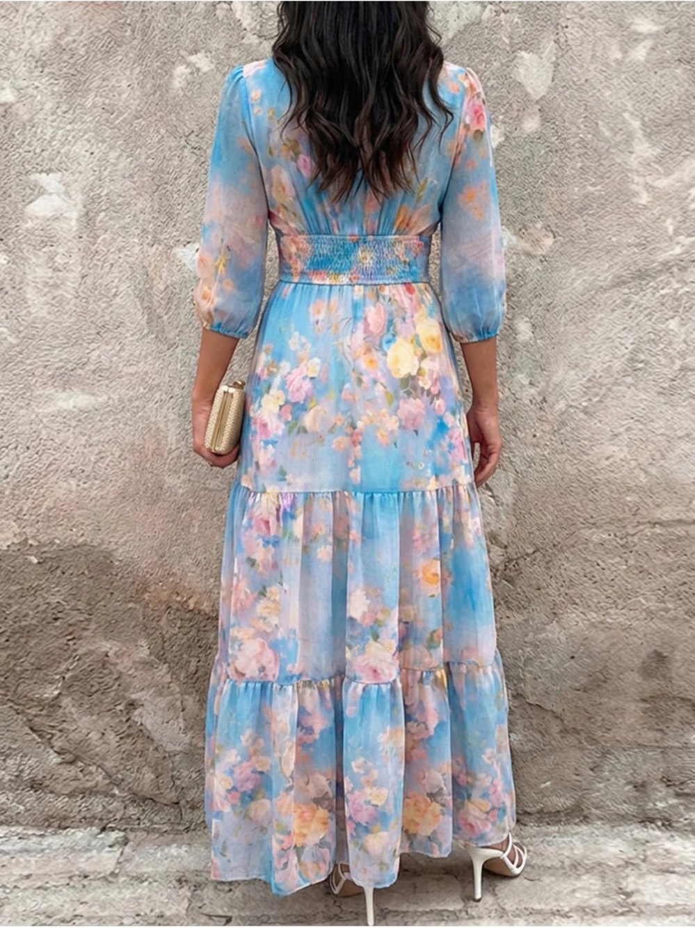 Blue Floral V-Neck Tiered Maxi Dress with Buttoned Waist - Picture 2 of 3